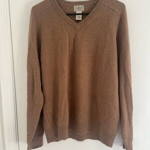 LL Bean Lambswool Sweater Grandpa V-Neck Pullover Long Sleeve Brown Mens Medium